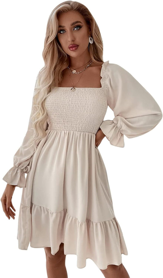 Women'S Shirred Ruffle Long Flounce Sleeve Mini a Line Dress Square Neck High Waist Short Dresses