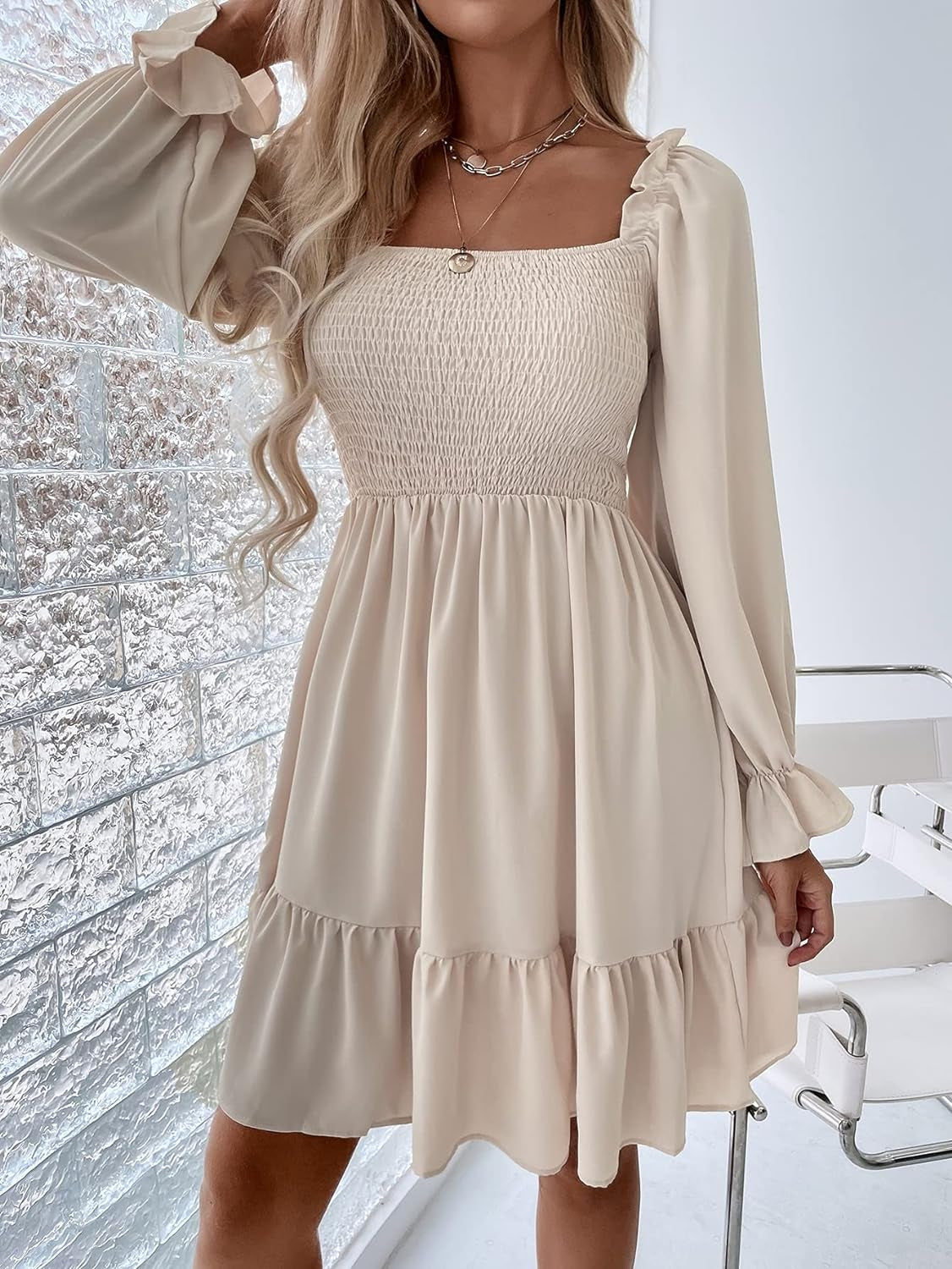 Women'S Shirred Ruffle Long Flounce Sleeve Mini a Line Dress Square Neck High Waist Short Dresses